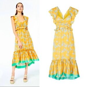 Three Floor Lemonana Printed‎ Satin Midi Dress UK 6 US 2